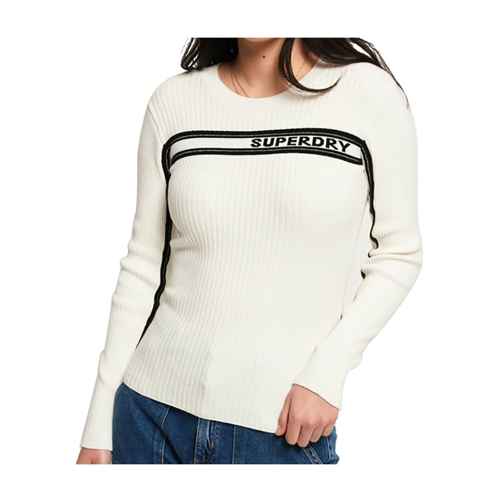 Pull Superdry Logo Ribbed Jumper Cream Soldes